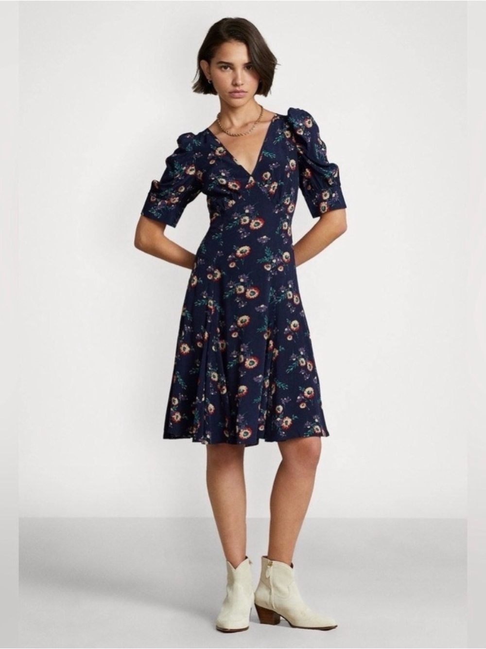 Polo Ralph Lauren Teo Dahlia Floral Print Navy Puff Sleeve Midi Dress - Sz 12